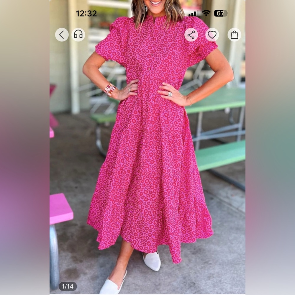 Rose Red Mock Neck Puff Sleeve Floral Tiered Maxi Dress